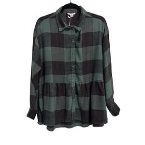 NWT American Eagle Baby Doll Cut Green Buffalo Check Long Sleeve Flannel Top